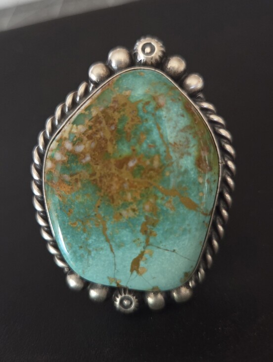 Handmade Jewelry - Large Blue-Green Royston Turquoise Statement Ring with Bronze Matrix